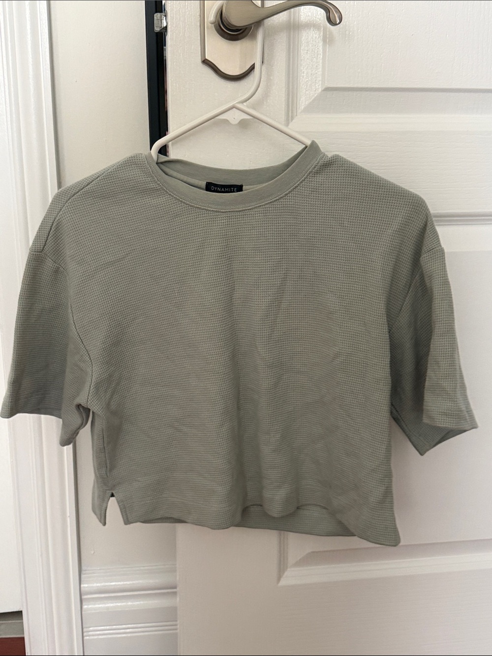 Dynamite Sage Green Waffle Knit Short Sleeve Crop Top